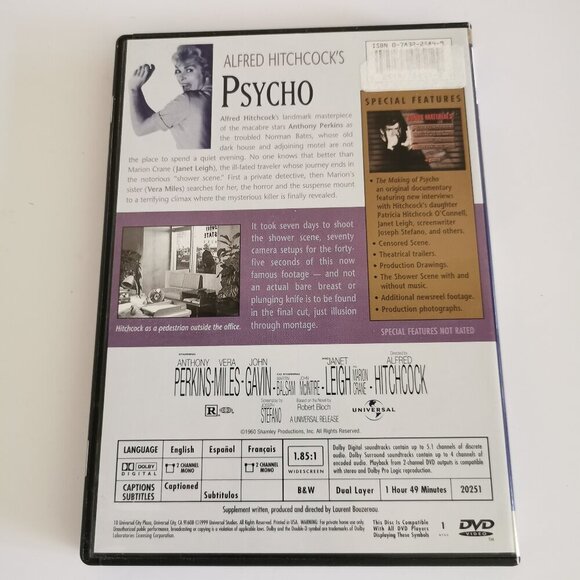 Alfred Hitchcock's Psycho DVD Widescreen Classic Horror Scary Thriller Film - Picture 2 of 3